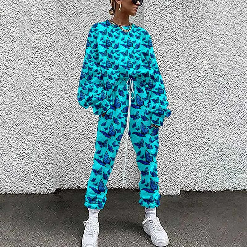 Breakj Tracksuit Two Piece Pullovers Cloting Long Sleeve Tie-dye Print Female Tops And Elastic Waist Pants Slim Casual Streetwear 217-1