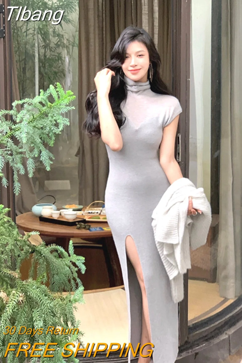 Tlbang Bodycon White Turtleneck Knitting Midi Dresses for Women 2023 Autumn Winter New Elegant Party Split Vestidos Female Clothes