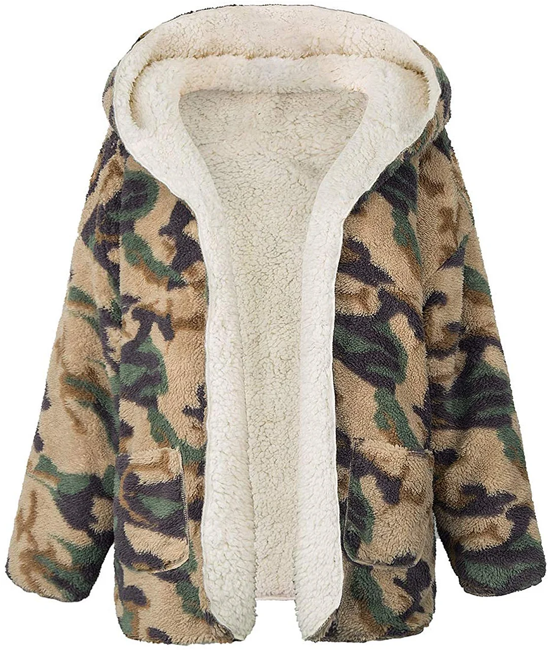 Women’s Fleece Hooded Sherpa Jacket- Reversible Open Front Long Sleeve Faux Shearling Winter Coats with Pockets