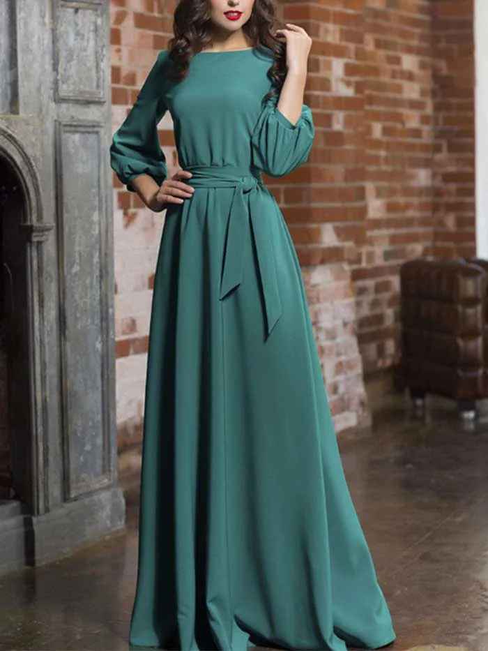 Summer new style women's round neck belt lantern sleeve long dress dress
