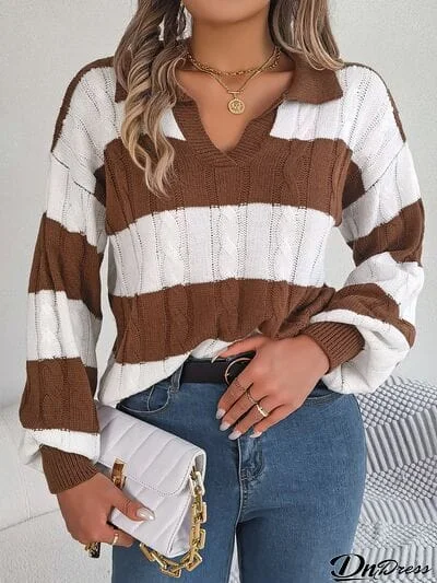 Cable-Knit Striped Long Sleeve Sweater