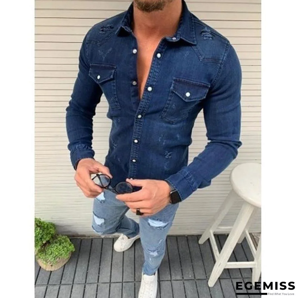 Men's Denim Fashion Shirts Casual Jeans Long Sleeve  Pocket Slim Fit Button Autumn Soild Color Turn Down Collar Tops Jackets | EGEMISS