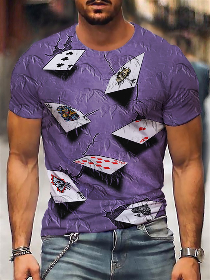 Summer Casual Round Neck Short Sleeve Spade Poker 3D Printed Men's T-Shirt Purple Gray Blue Brown Orange