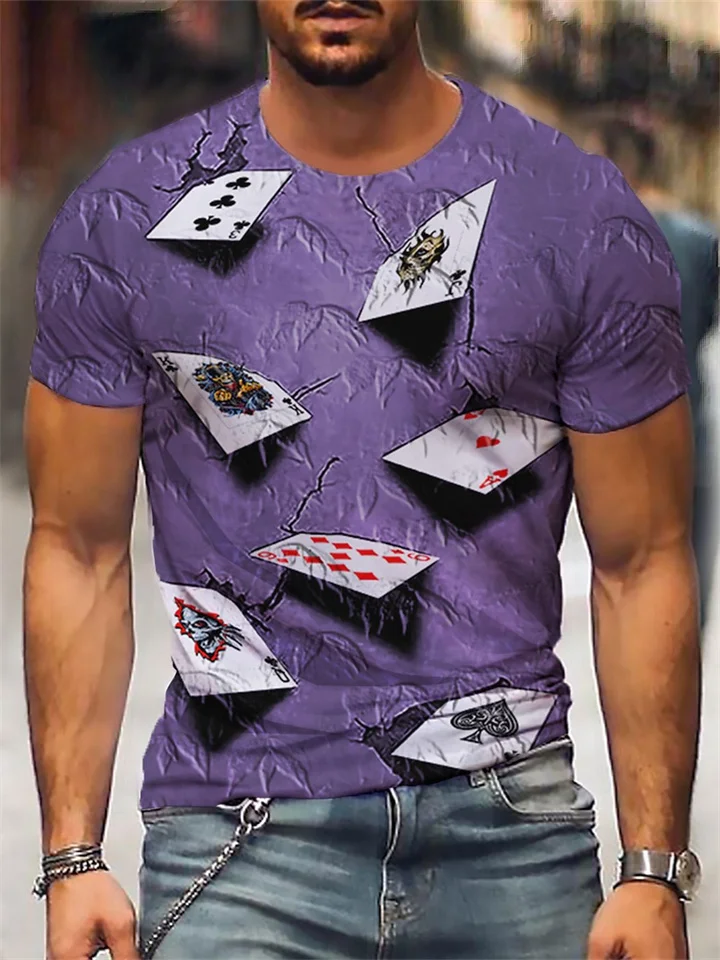 Summer Casual Round Neck Short Sleeve Spade Poker 3D Printed Men's T-Shirt Purple Gray Blue Brown Orange