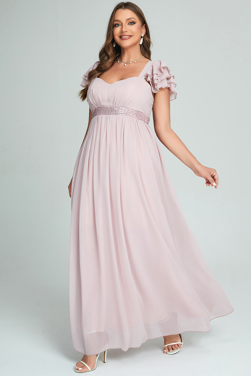Flycurvy Plus Size Semi Formal Light Pink Chiffon Layered Ruffled Square Neck Maxi Dress 2024 - Flycurvy 