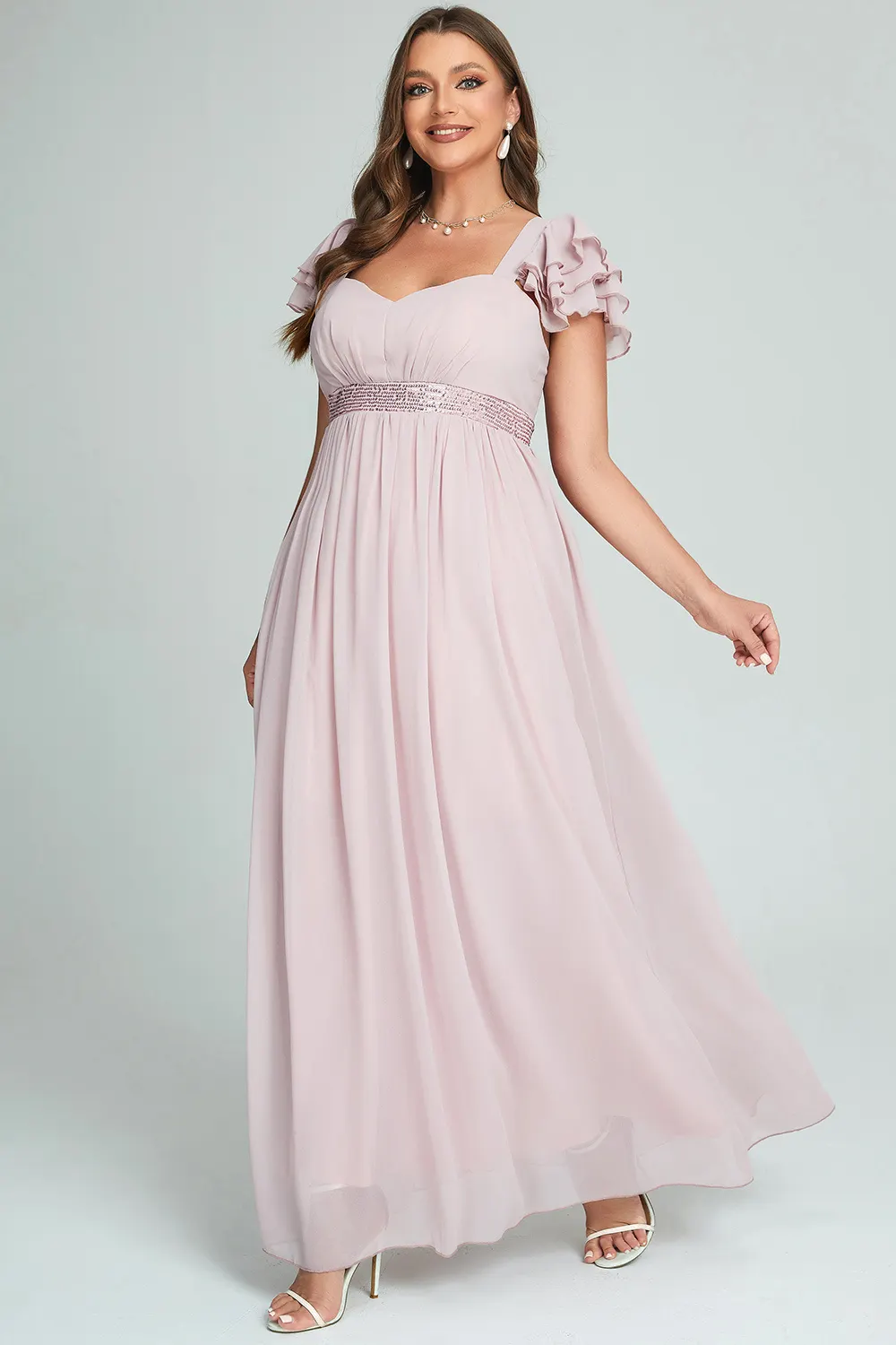Flycurvy Plus Size Semi Formal Light Pink Chiffon Layered Ruffled Square  Neck Maxi Dress- Flycurvy
