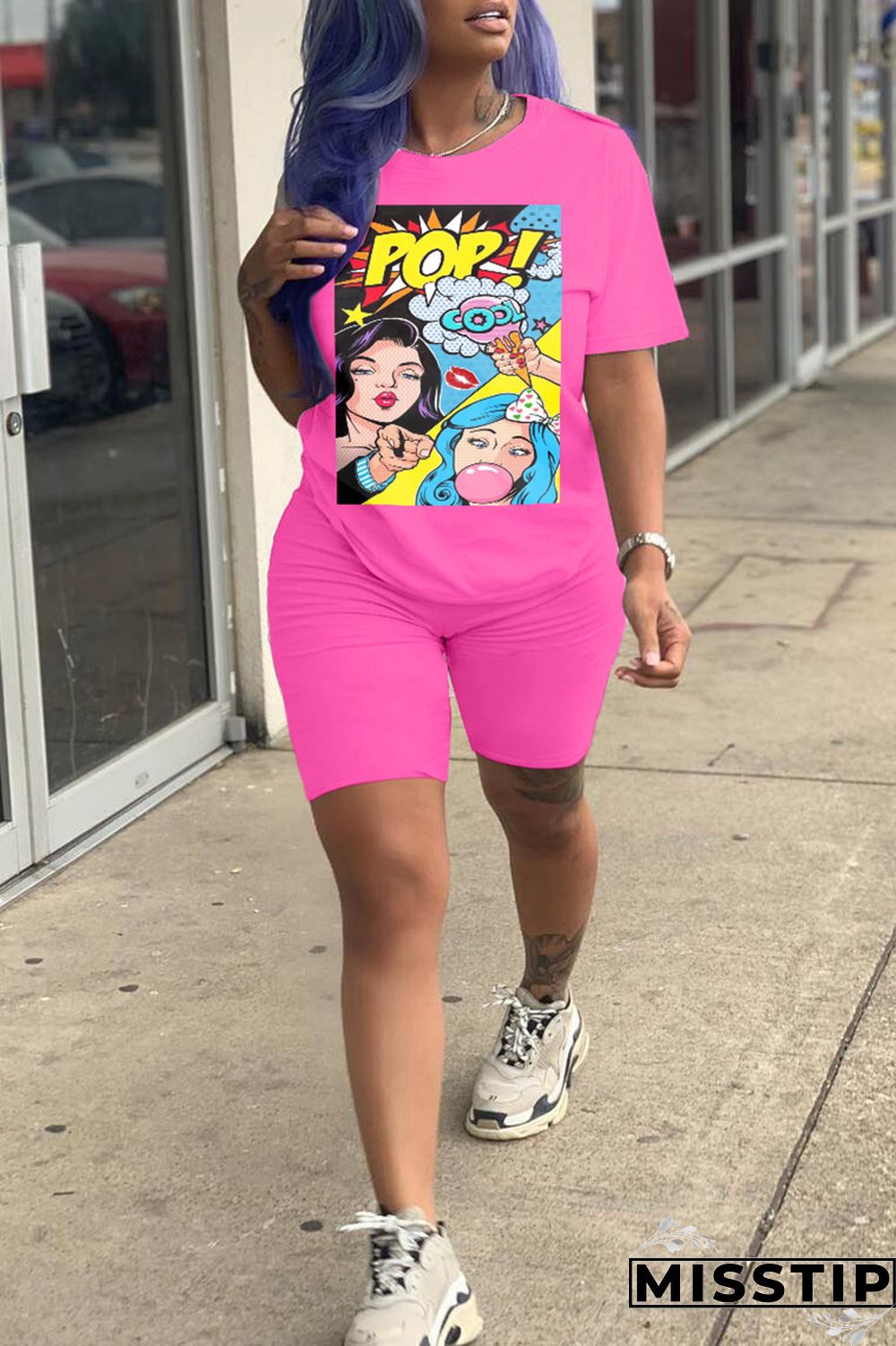 Fluorescent Green Fashion Casual Print Basic O Neck Short Sleeve Two Pieces