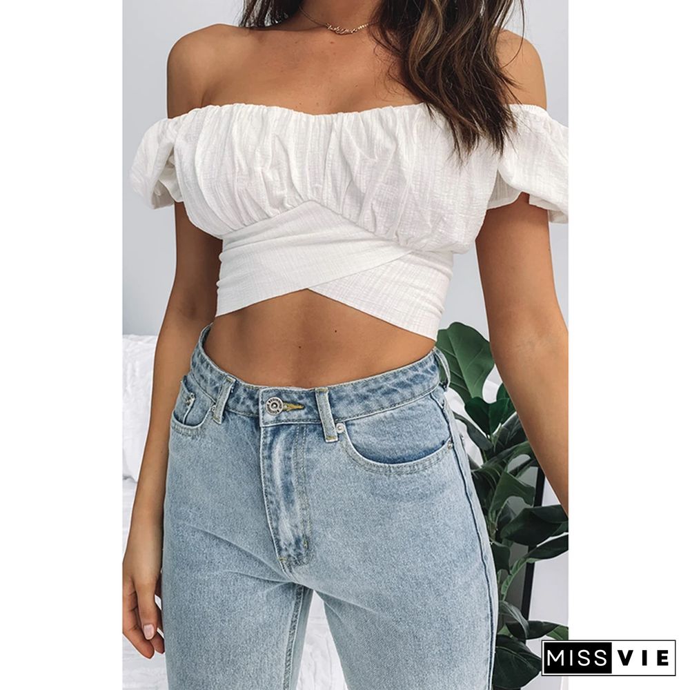 Bohemian Lantern Short-sleeved Umbilical Strap Short Shirt Pleated Solid Color Small Shirt Heritage Wrap Top