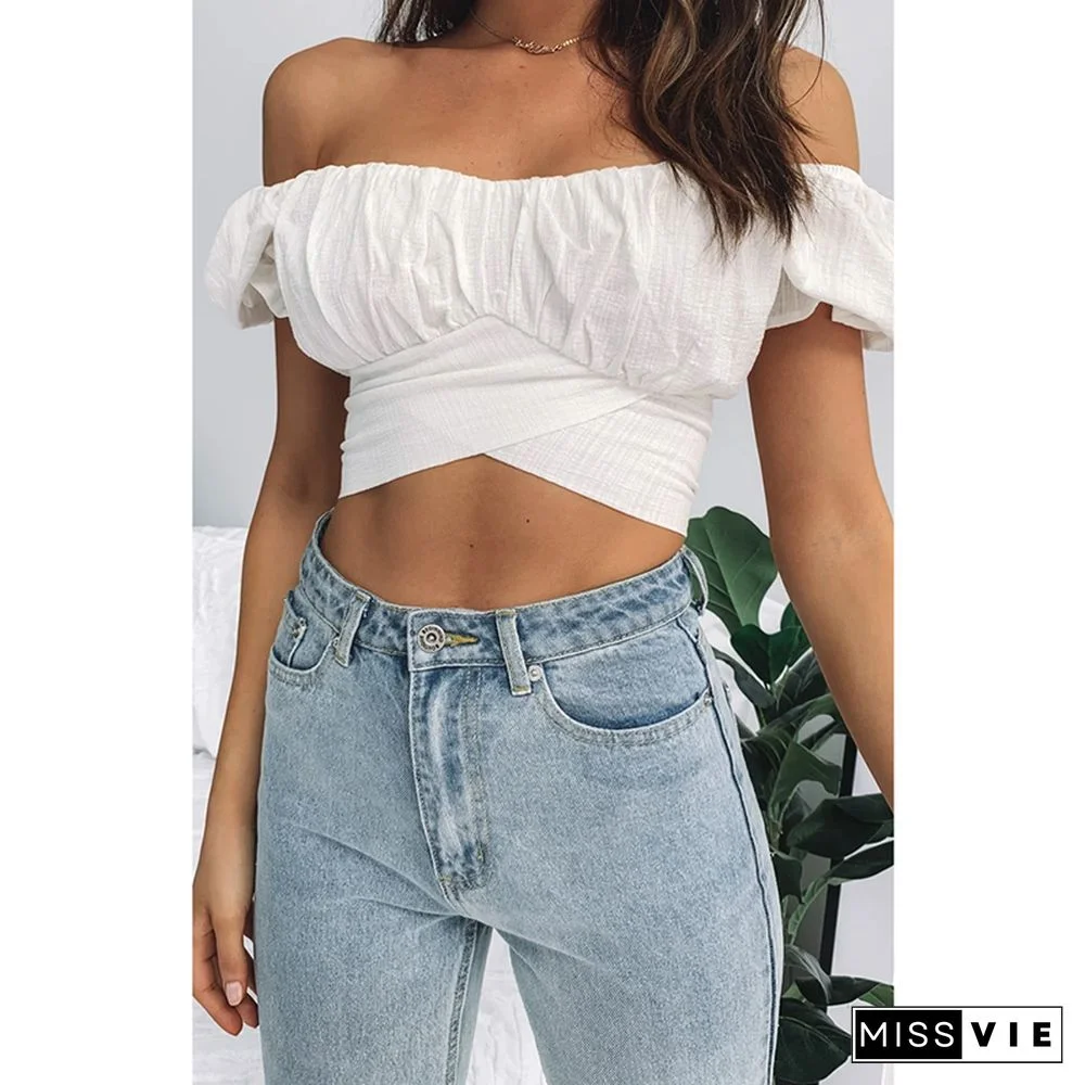 Bohemian Lantern Short-sleeved Umbilical Strap Short Shirt Pleated Solid Color Small Shirt Heritage Wrap Top