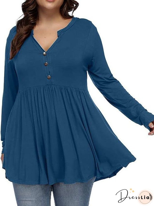 T shirt Tee Light Blue claret Deep Purple Plain Button Flowing tunic Long Sleeve Daily Weekend Basic V Neck Long Plus Size L for Women