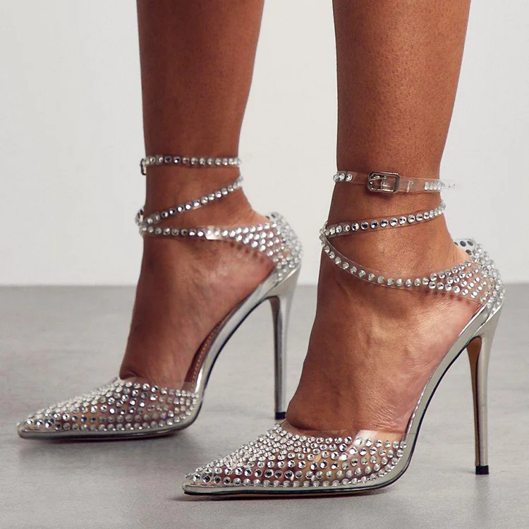 Silver Rhinestone Pointed Toe Clear Pumps Vdcoo