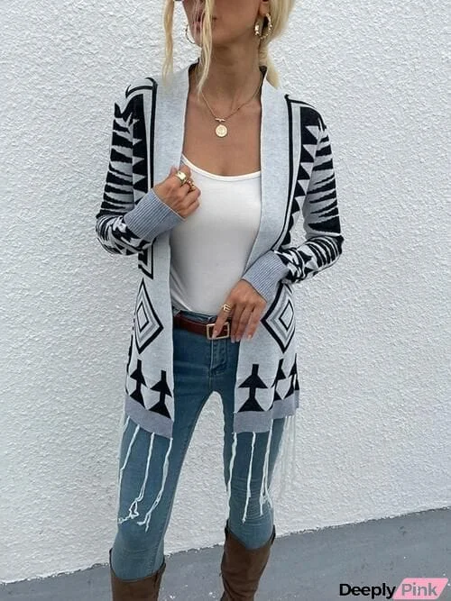 Geometric Fringe Hem Open Front Cardigan