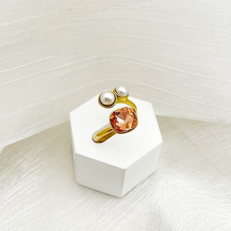 304 Stainless Steel 14K Gold Plated Casual Sweet Pastoral Polishing Plating Inlay Square Pearl Zircon Open Rings