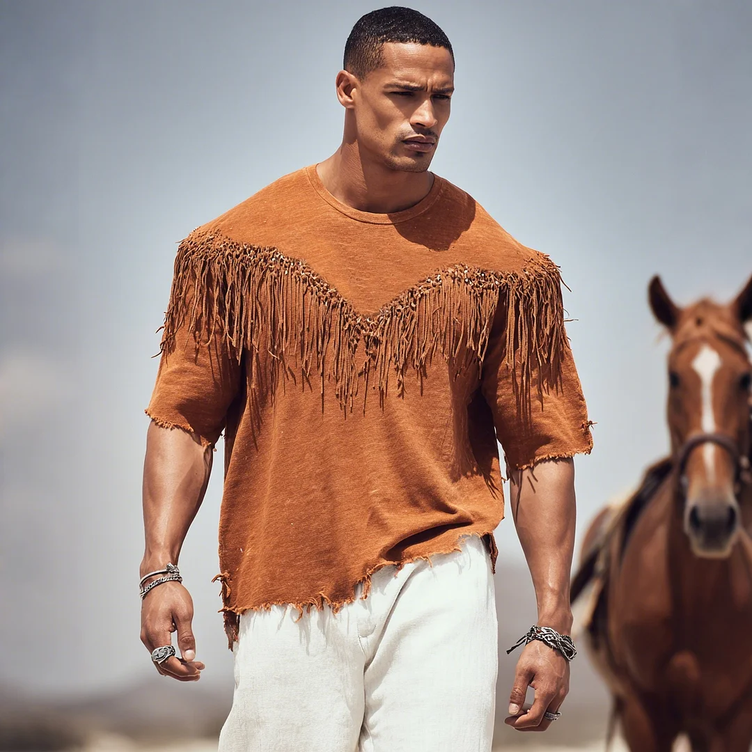 Retro Wild West Distressed Style Fringe Trim Crew Neck Short Sleeve T-Shirt Men's Outdoor Loose Top-inspireuse