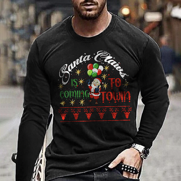 BrosWear Men's Cute Santa Claus Pattern Casual Long Sleeve T-Shirt
