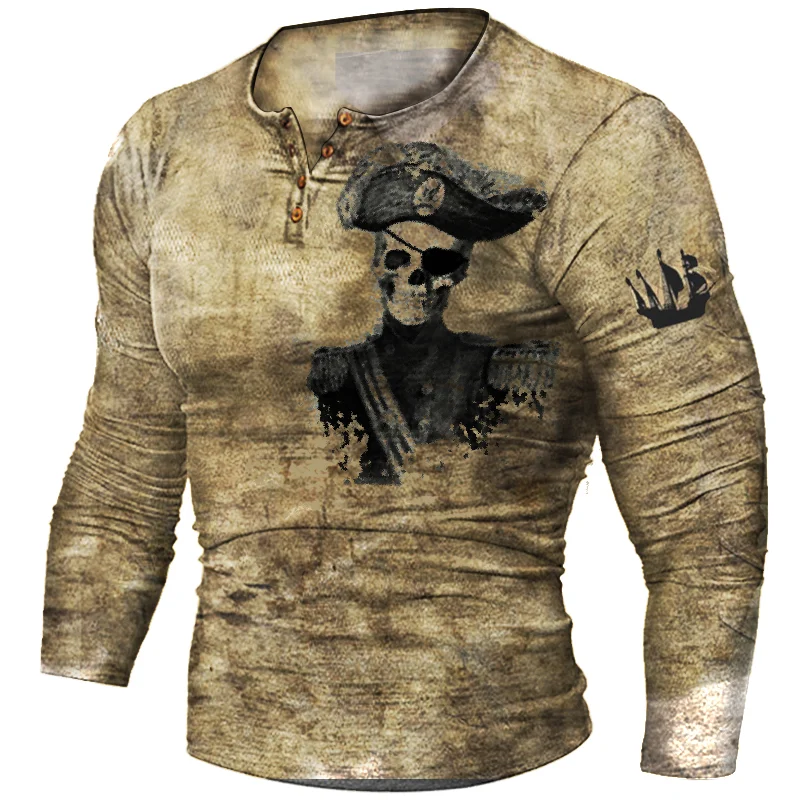 Pirate Skull Skeleton Art Men's Retro Print Tactical Casual Top / [viawink] /