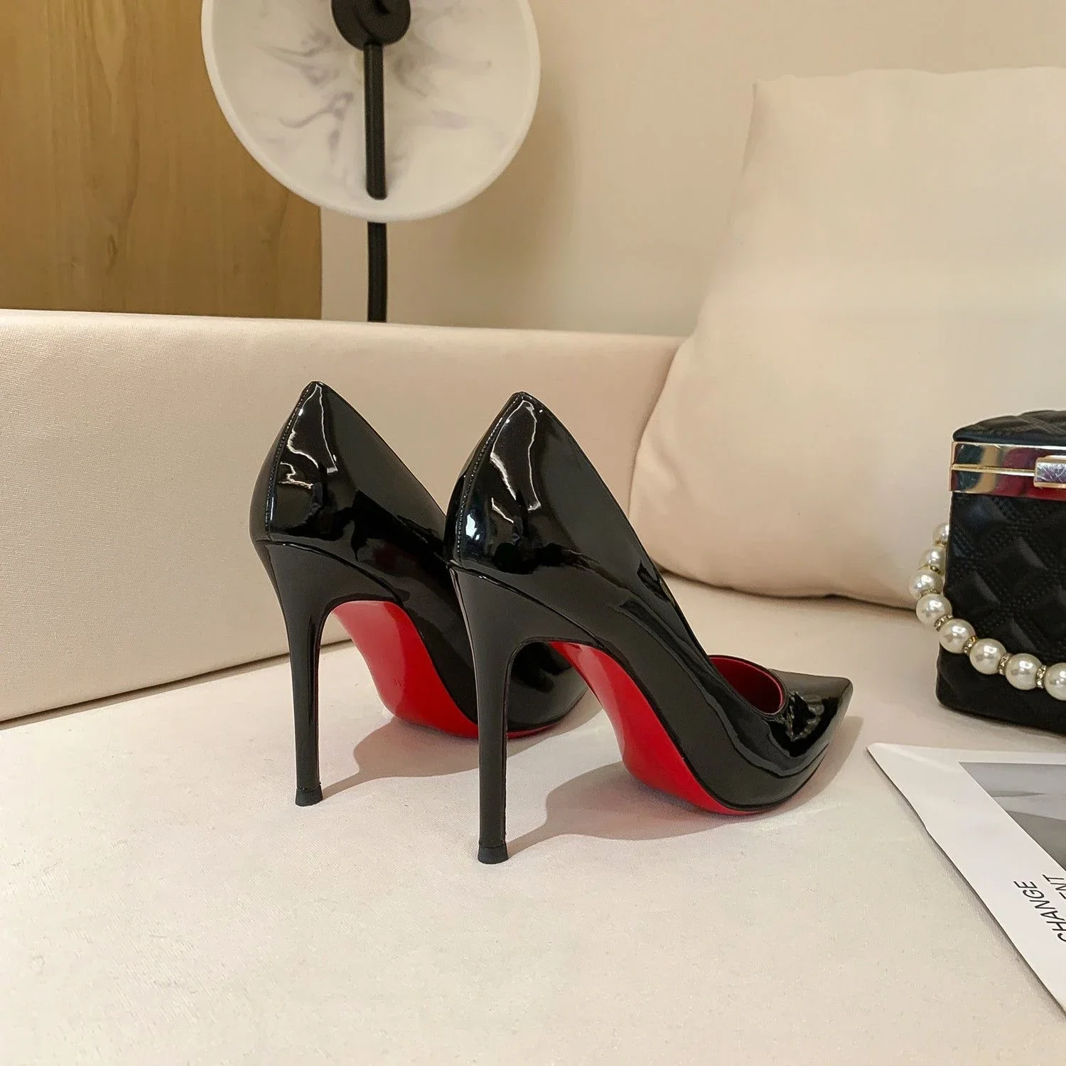 New Fashion Autumn Black Patent Leather Pointed Women's High Heels Shoes Sexy Women's Dresses Slim High Heels Shoes