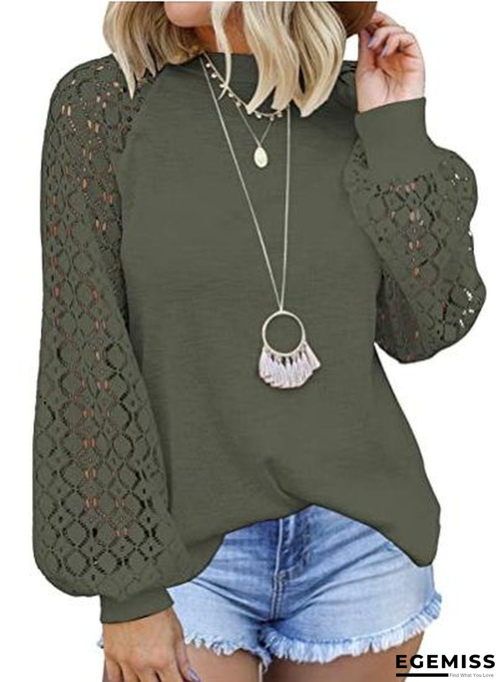 New Round Neck Long Sleeve Lace Patchwork Blouse for Women | EGEMISS