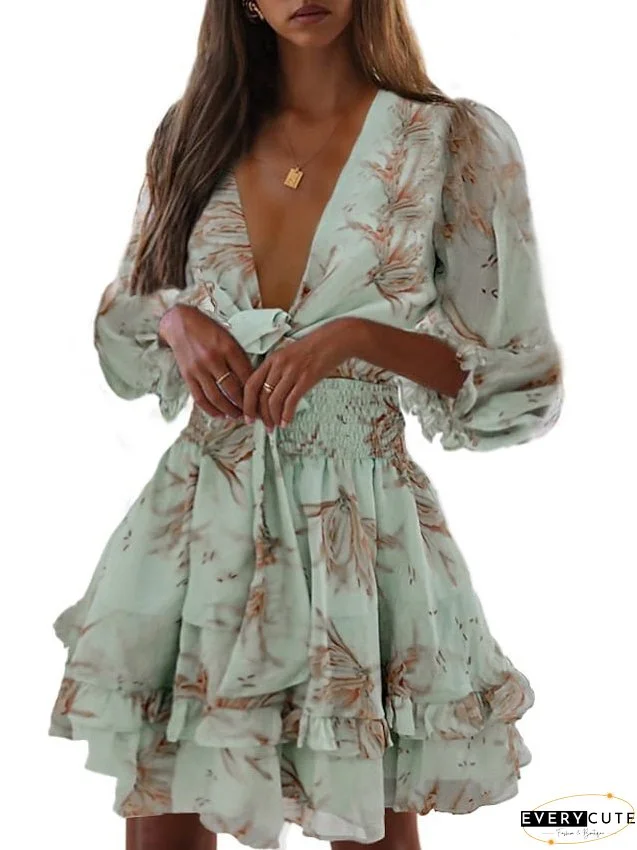 Casual Dress Chiffon Dress A Line Dress Mini Dress Pink Green Gray Long Sleeve Floral Print Summer Spring Deep V Vacation S M L XL for Women