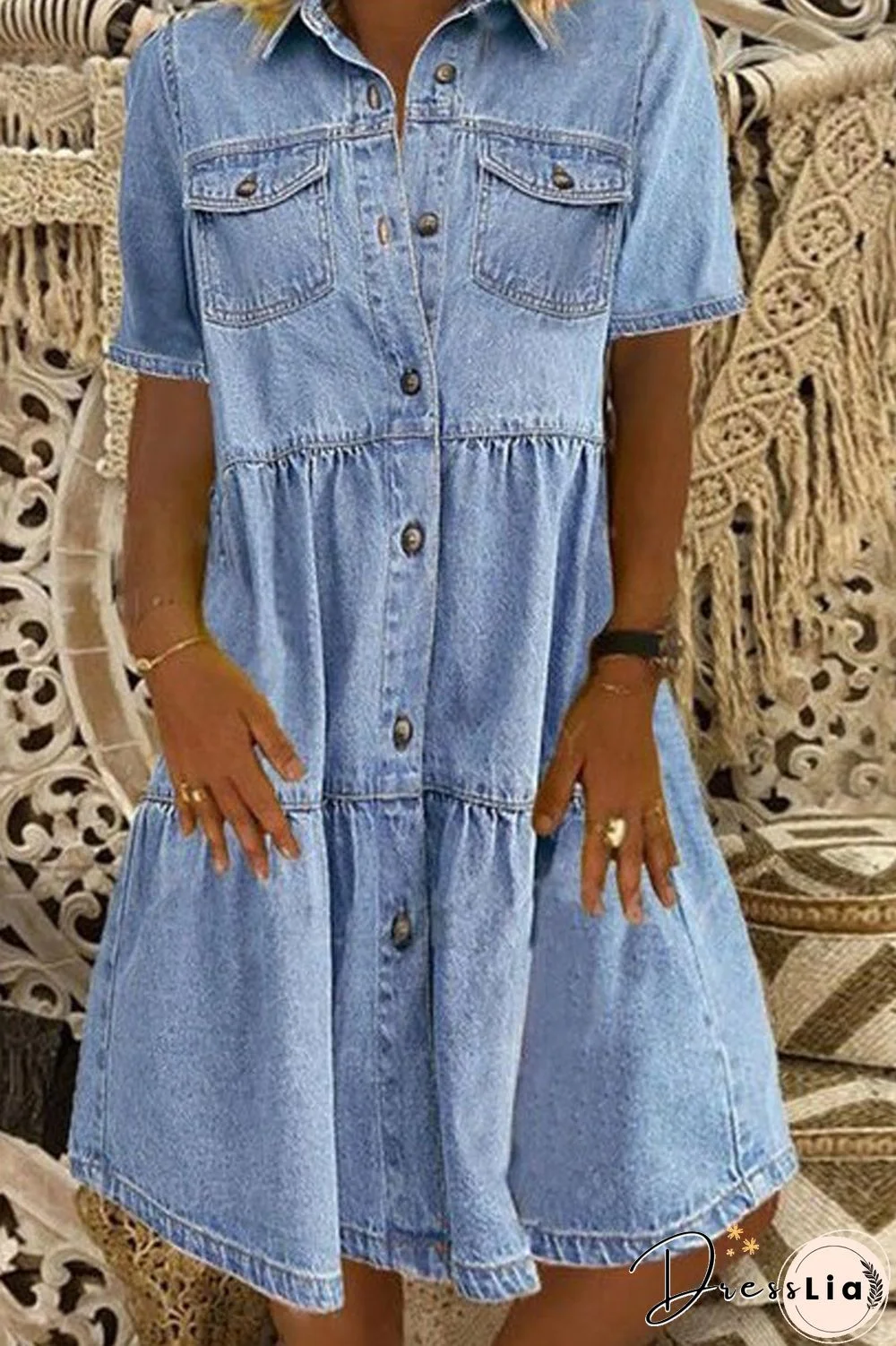 Button Up Pocket Tiered Dress