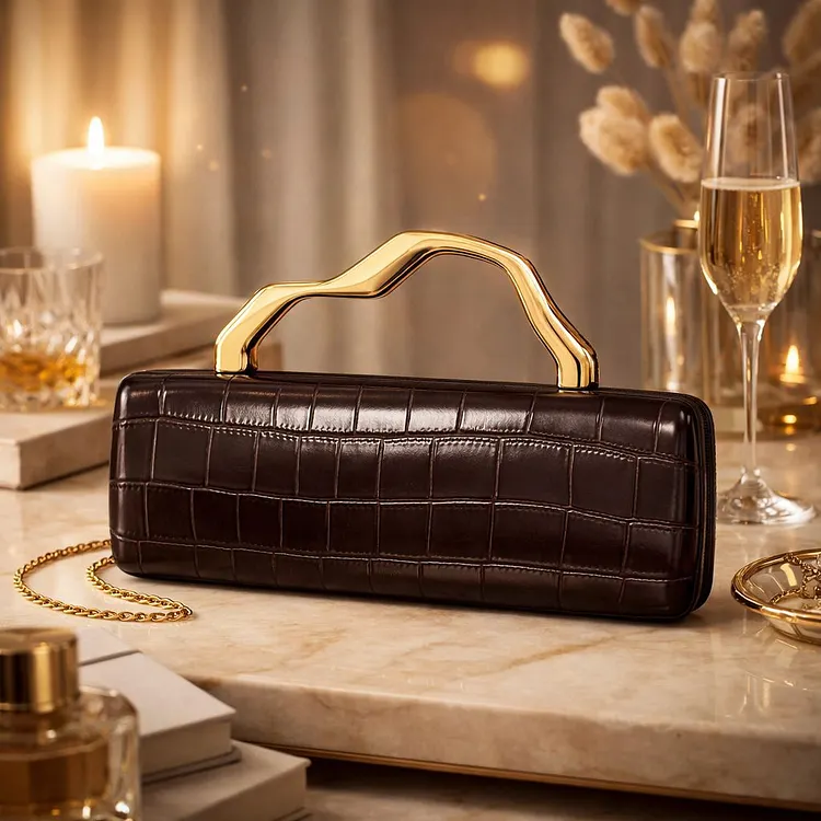 Women&rsquo;s Crocodile Embossed Evening Clutch Bag &ndash; Elegant Structured Handbag with Gold-Tone Metal Handle, Vintage Party & Wedding Purse