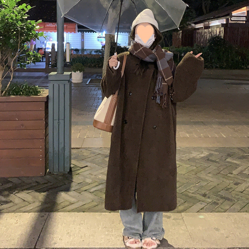 Aiertu cold weather outfits Winter Lamb Wool Long Coat Coat Women's Loose round Neck Thickened Double Breasted Korean Style Warm Fur Integrated aiertu