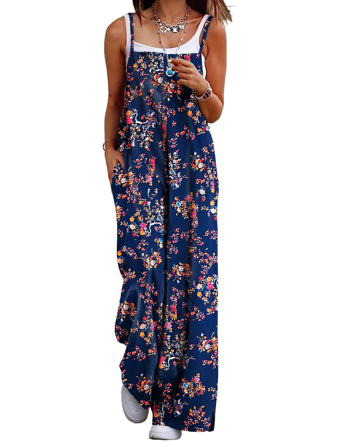 Cczzt Casual Loose Print Pocket Beach Holiday Jumpsuit Women Fashin Sleeveless Spaghetti Summer Wide Leg Pant Rompers Ladies 2025