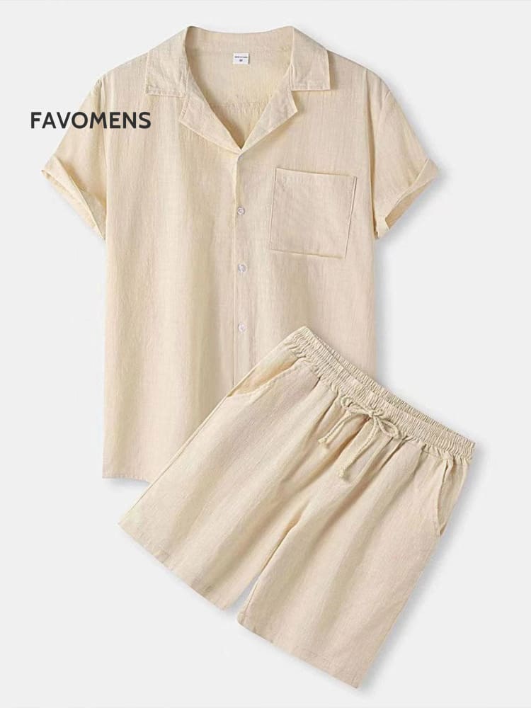Men’s Cotton And Linen Solid Color Fashionable Lapel Short-Sleeved Shirt Shorts Suit Two-Piece