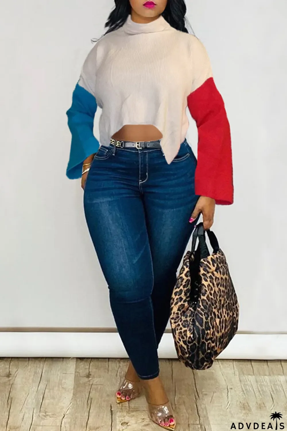 White Fashion Casual Patchwork Asymmetrical Turtleneck Tops