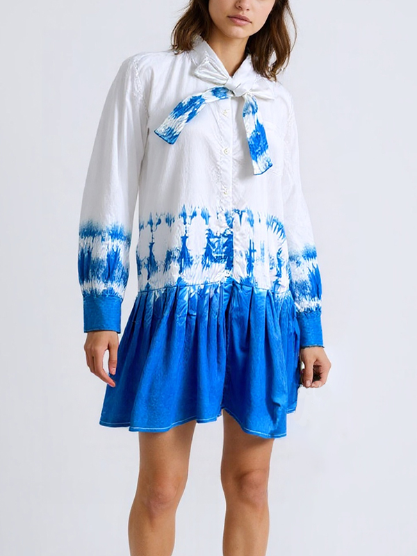 Hand-tie-dyed Long Sleeve Lace-Up Neck Pleated Midi Dress