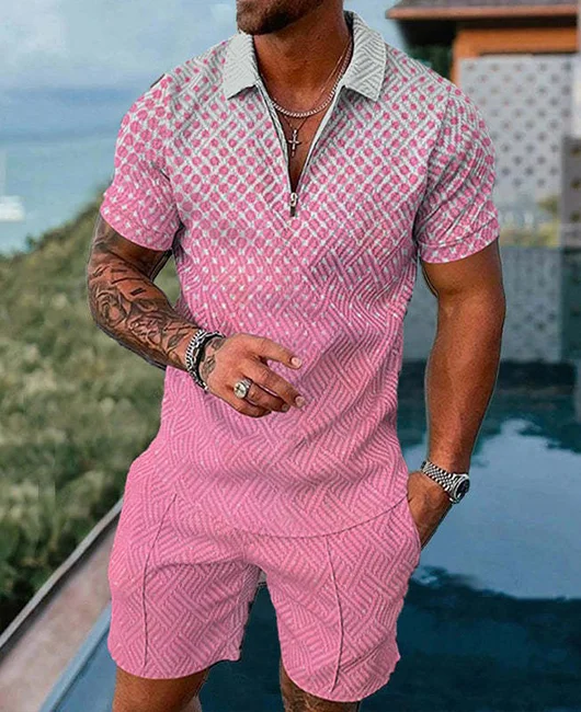 Casual Polka Dot Lapel Collar Zipper Short Sleeve Polo Shirt & Shorts 2Pcs Set 