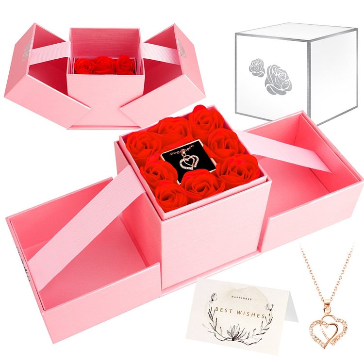 Mayoulove Eternal Rose Flower Rising Jewelry Gift Box with Necklace Greeting Card Christmas Valentine's Day Anniversary Birthday Gift-Mayoulove