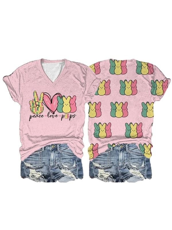 Women's Easter Peace Love Cute Colorful Sugar Bunny Print V-Neck T-Shirt
