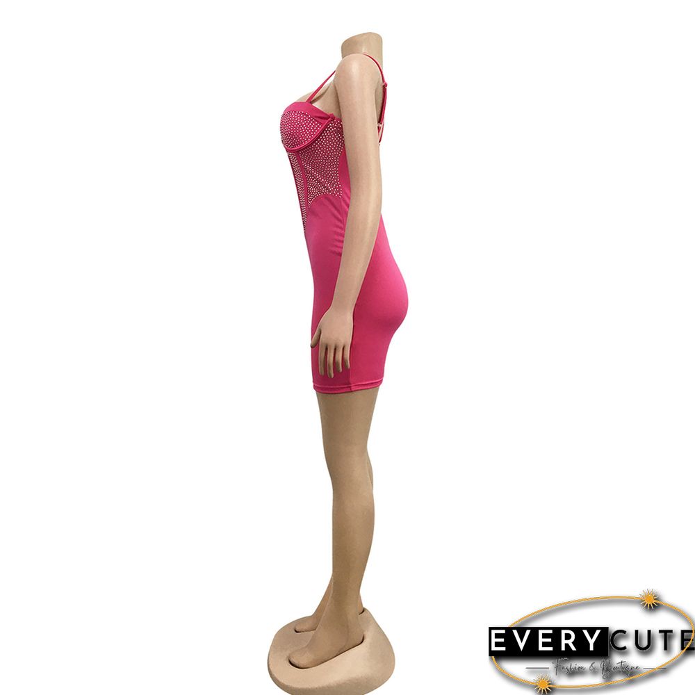 Rosy Solid Mesh Rhinestone Bodycon Dress