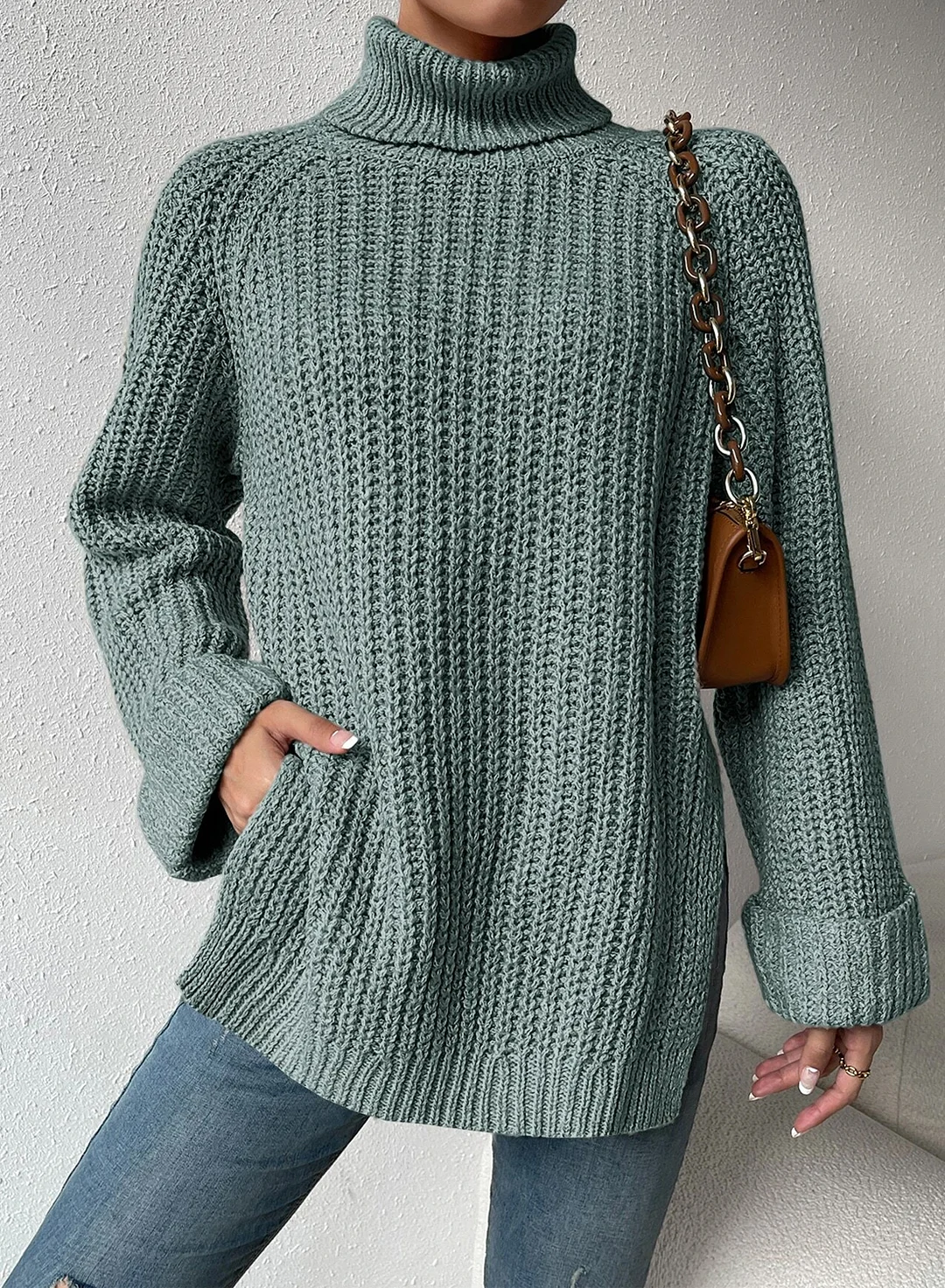 Turtleneck Raglan Sleeve Split Hem Jumper