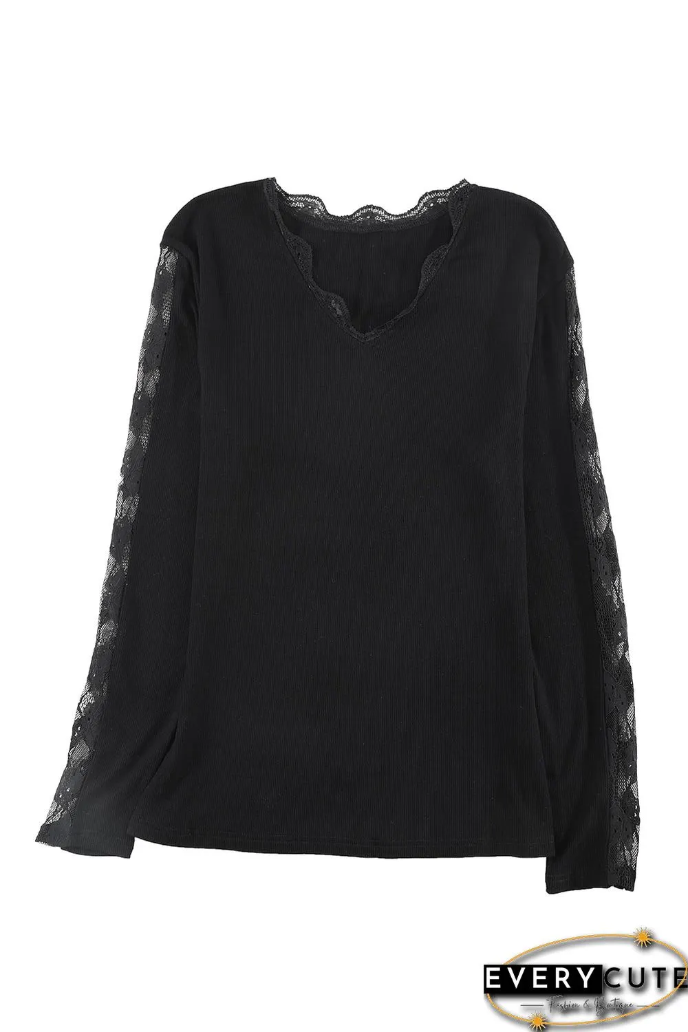 Lace Splicing Scallop V Neck Long Sleeve Blouse
