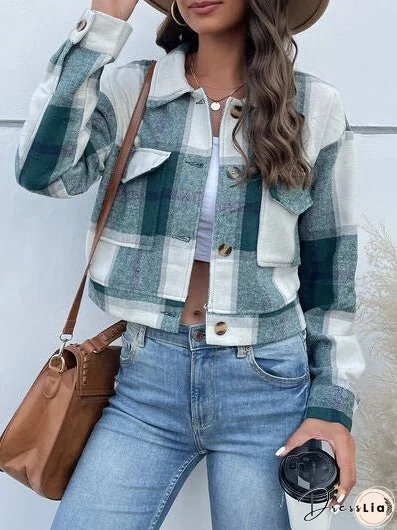 Plaid Button Up Drop Shoulder Cropped Jacket