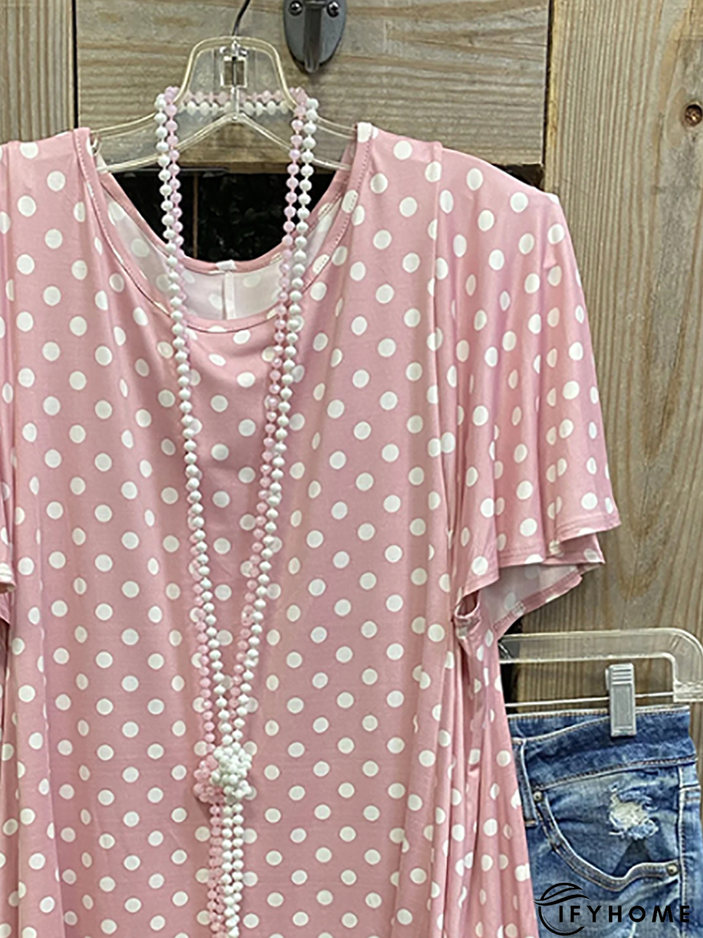 Pink Crew Neck Short Sleeve Cotton-Blend T-shirt | IFYHOME