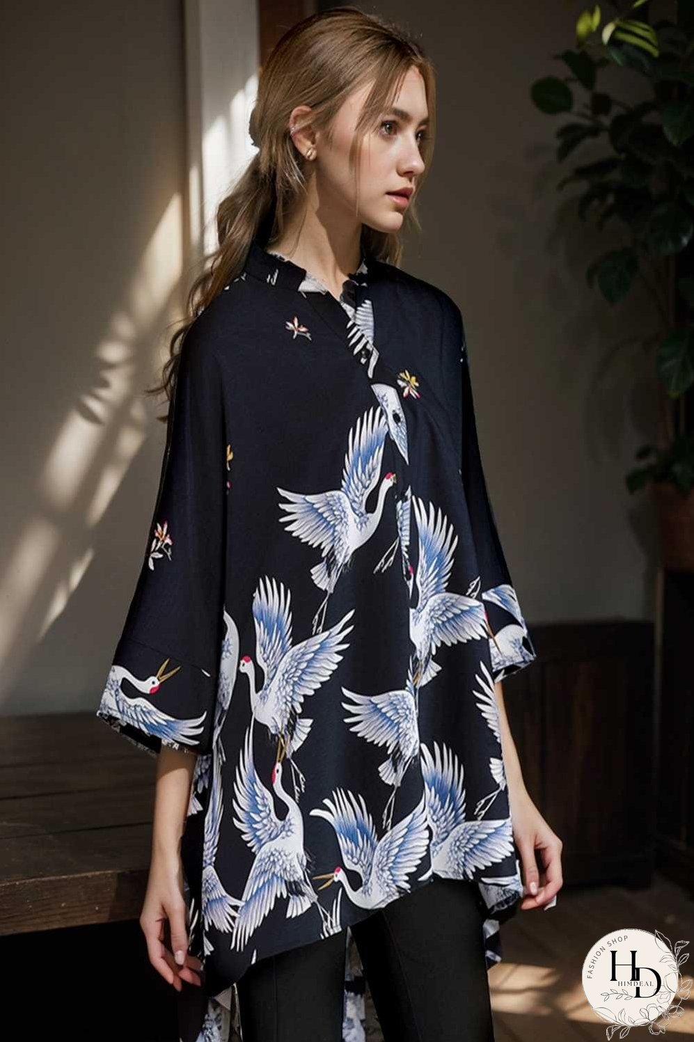 size curve blouses crane print loose oversized blouse