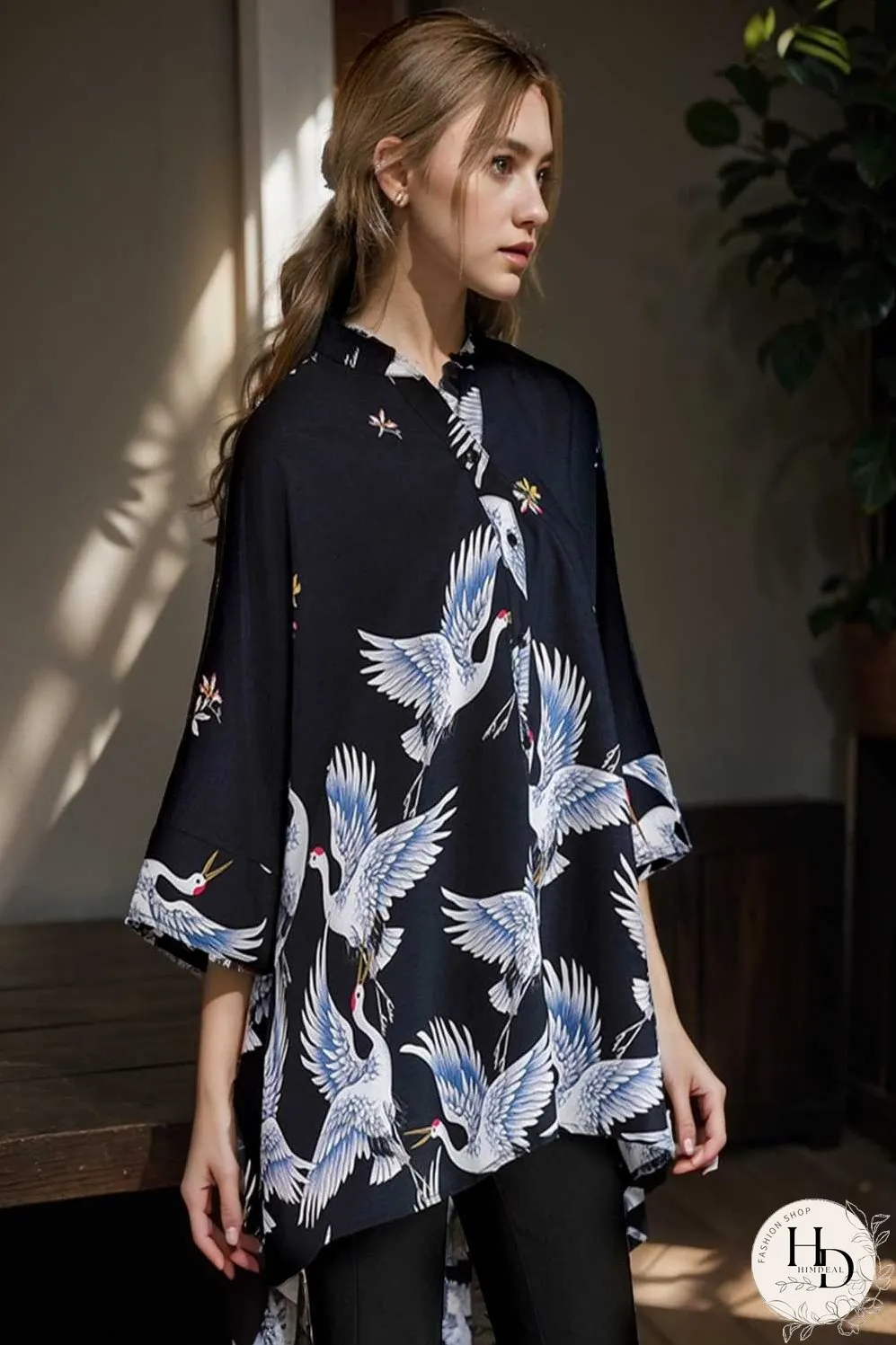 size curve blouses crane print loose oversized blouse