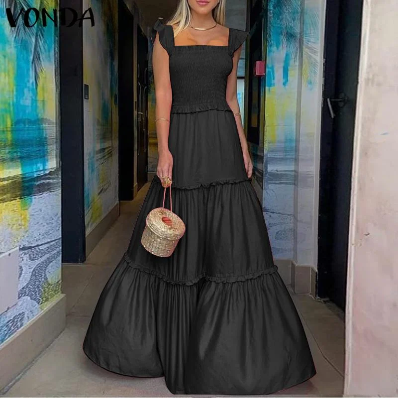 Women Ruffled Dress Summer Party Long Maxi Dresses 2022 VONDA Casual Solid Color Sleeveless Lace Pleated Vestido  S-
