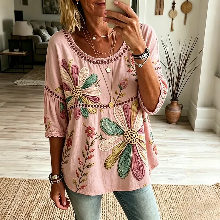 Women's Floral Art Print Flowy Linen Blend Linen Blend Three-quarter Sleeve Casual Tops