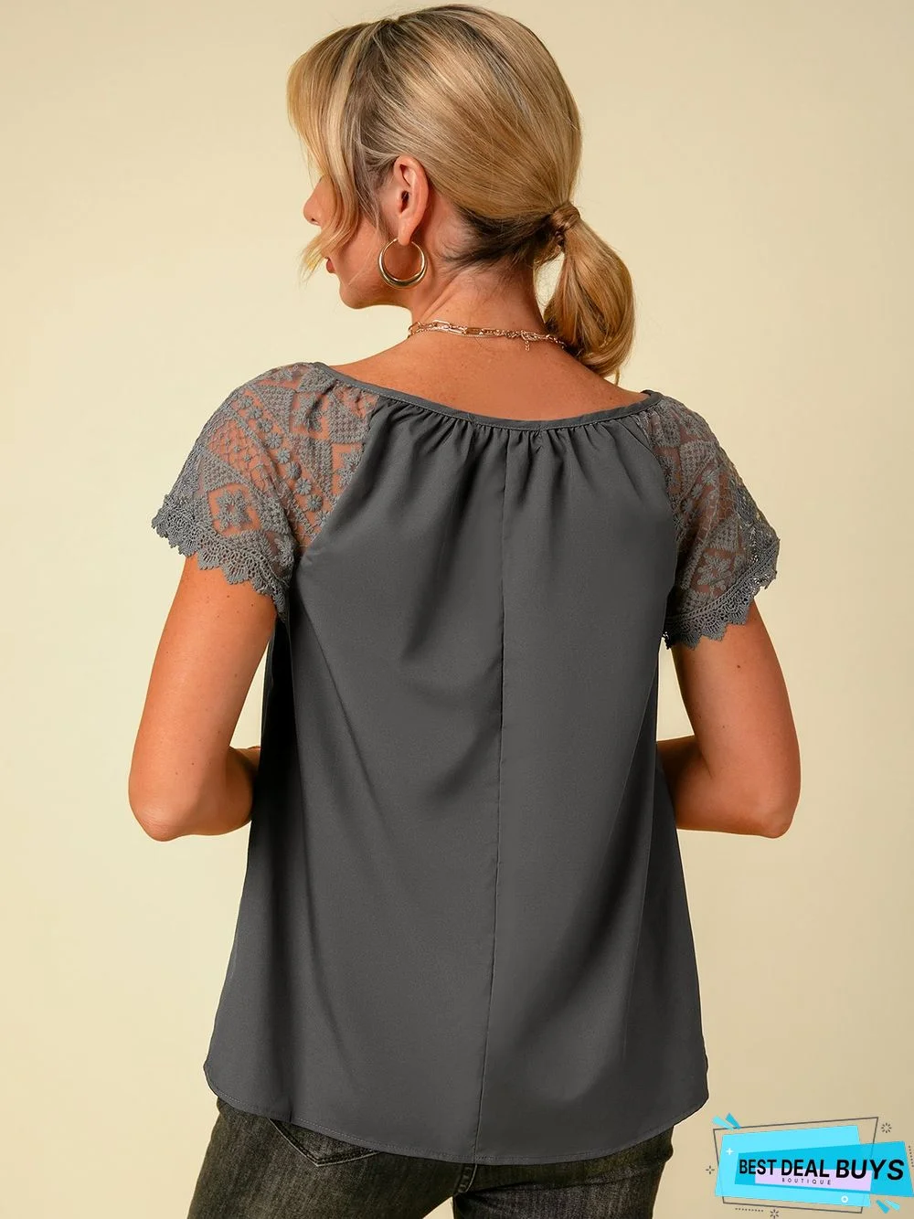 Short Sleeve  Lace Polyester  V neck  Casual Summer Black Top Women