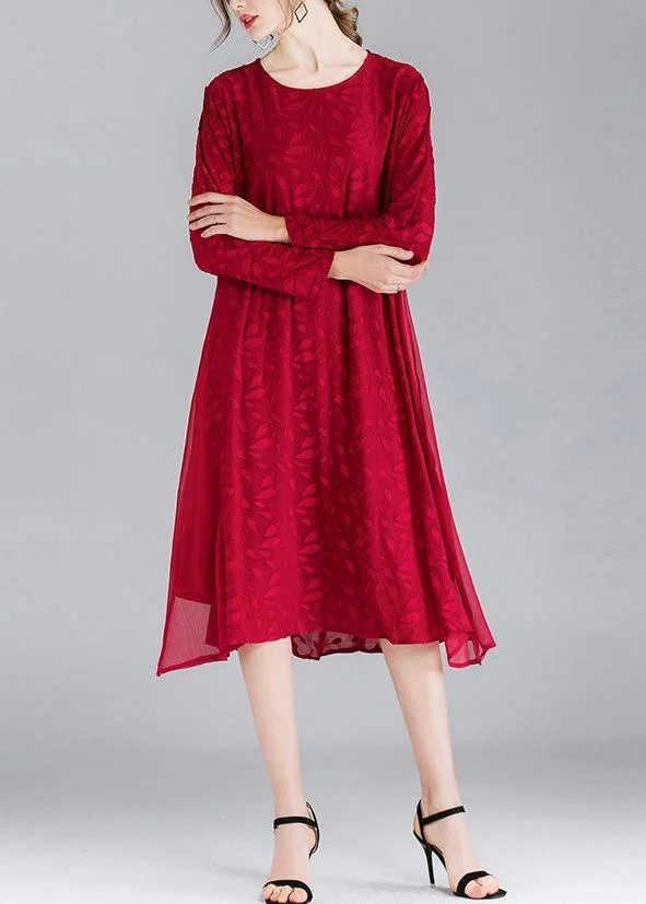 French Mulberry O-Neck Chiffon A Line Skirts Spring Summer Vacation Dresses