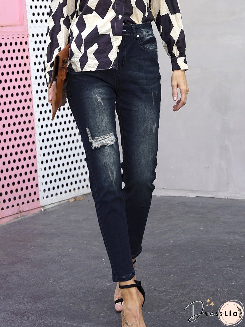 Street Style Denim Pants with Ripped Feet