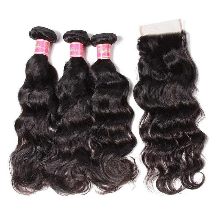 8A Grade Indian Natural Wave Human Hair Weave 3 Bundles with Free Part Lace Closure,4*4- Hair