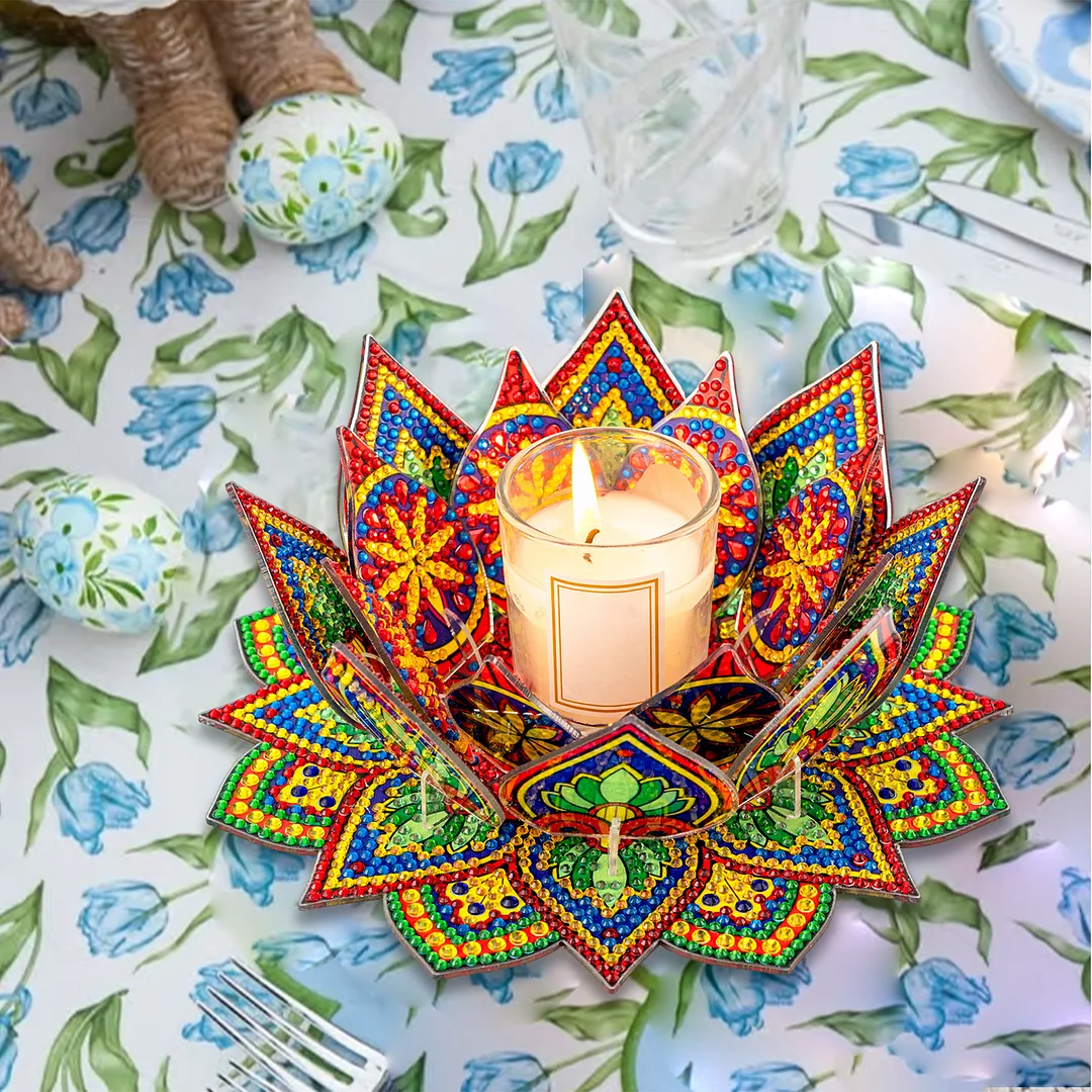 5D DIY Diamond Art Painting DIY Acrylic Desktop Ornament Flower Candle Holders Tealight Handmade Home Office Decor for Adults Beginners ( Yellow and Green Lotus-A)