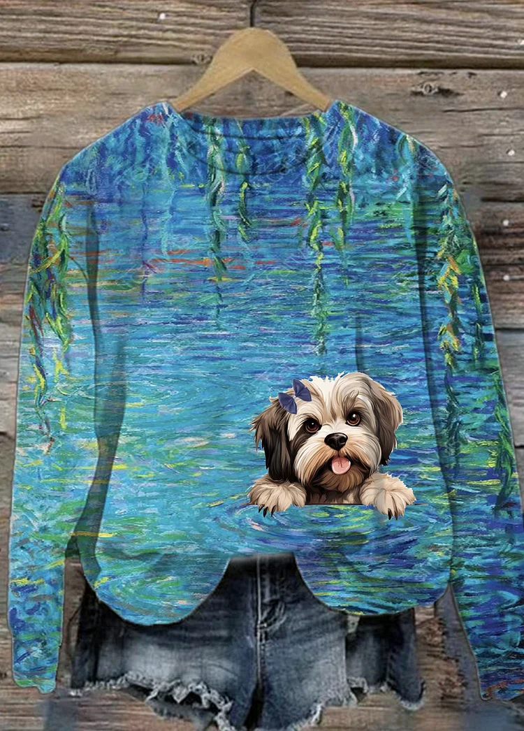 Women's Fuzzy Dog Print Oil Painting Casual Sweatshirt