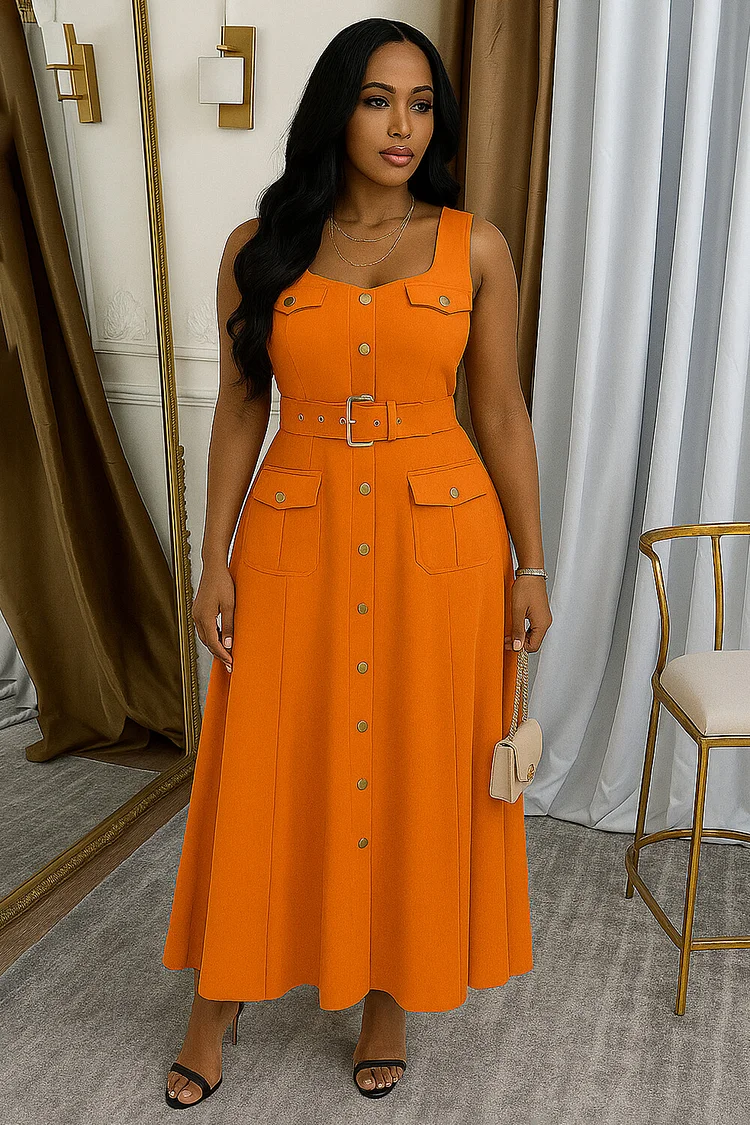 Studded Cargo Pocket Button Up Sleeveless Maxi Dresses-Orange [Pre Order]