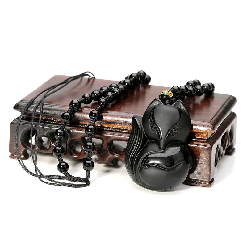 Natural Black Obsidian Tiger Eye Ice Obsidian Fox Pendant Amulet Necklace